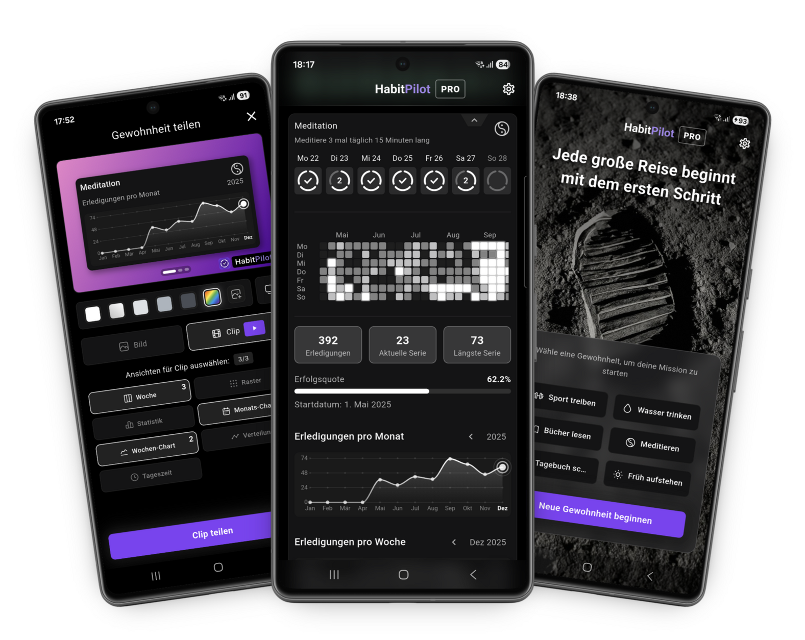 Drei Smartphone-Screens der HabitPilot-App: links das Sharing-Feature zur Erstellung von Video-Clips, in der Mitte Fortschrittsstatistiken mit Heatmap und Streaks, rechts die Onboarding-Ansicht im dunklen UI-Design.
