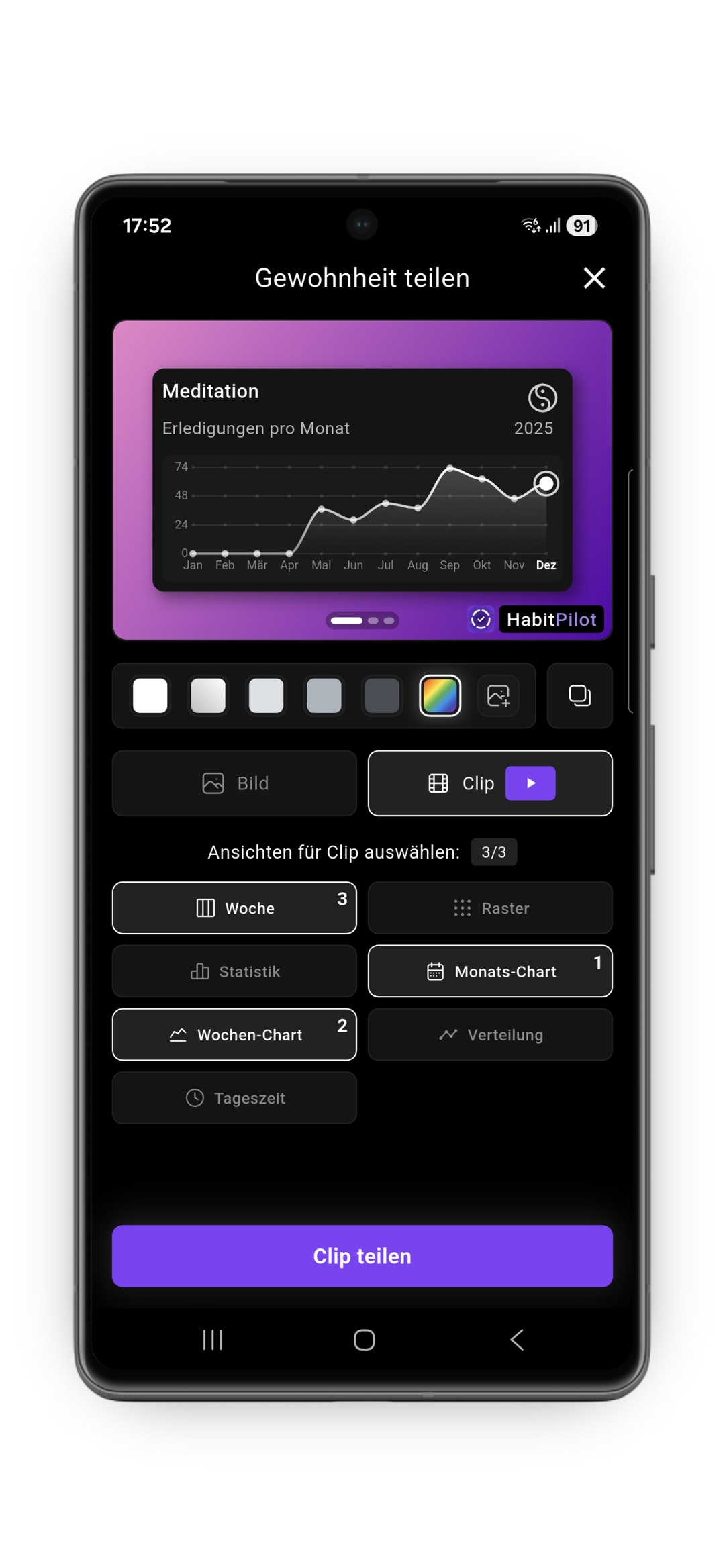 Der HabitPilot Screen „Gewohnheit teilen“ zeigt den Export von Erfolgen. Zu sehen ist ein Liniendiagramm der monatlichen Erledigungen, Farbauswahl für Hintergründe und die Option, Fortschritte als dynamischen 15s Video-Clip für Social Media zu exportieren.