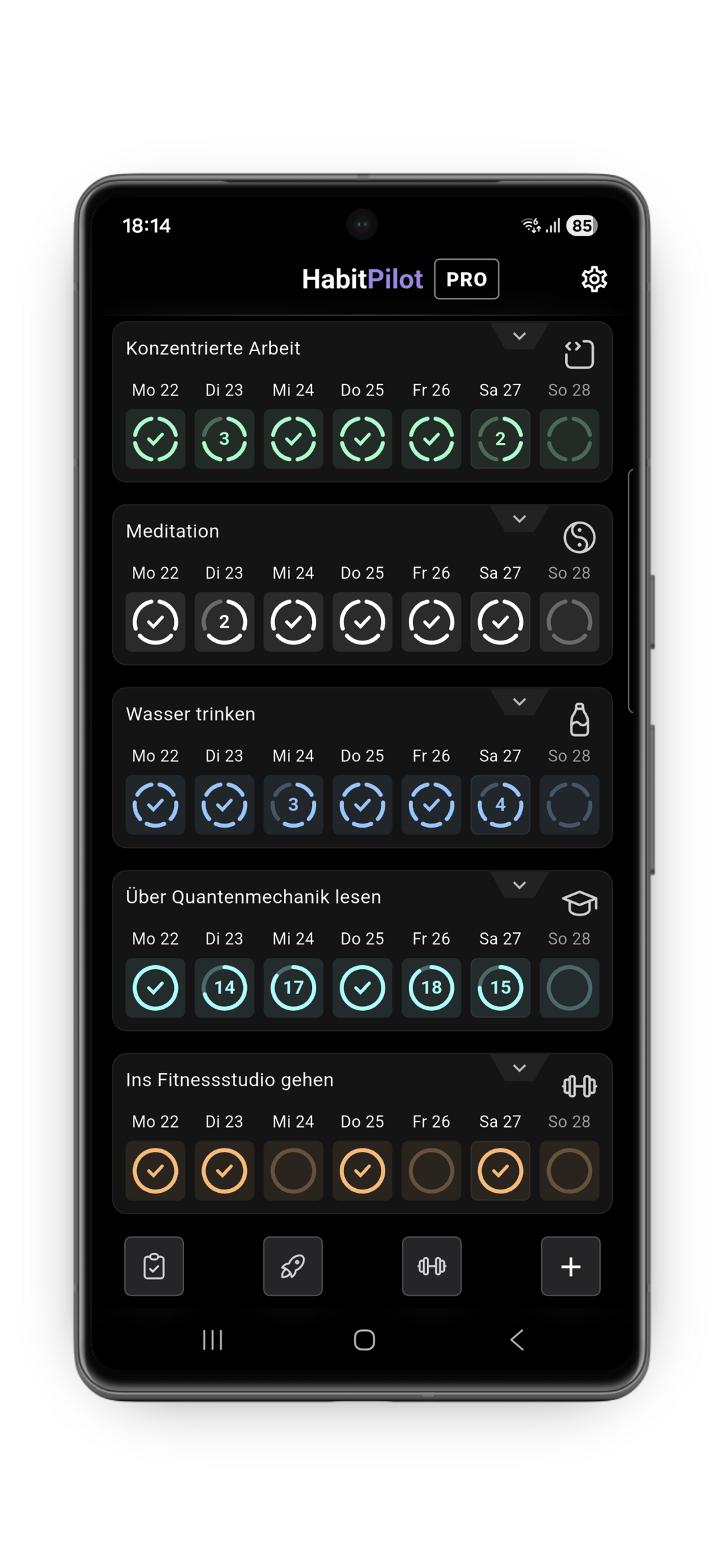 Die HabitPilot Startseite zeigt eine Liste aktiver Gewohnheiten wie Arbeiten, Meditation und Fitness. Das dunkle Design bietet eine Wochenansicht mit Check-Buttons für müheloses Tracking und den schnellen Überblick über den täglichen Fortschritt.
