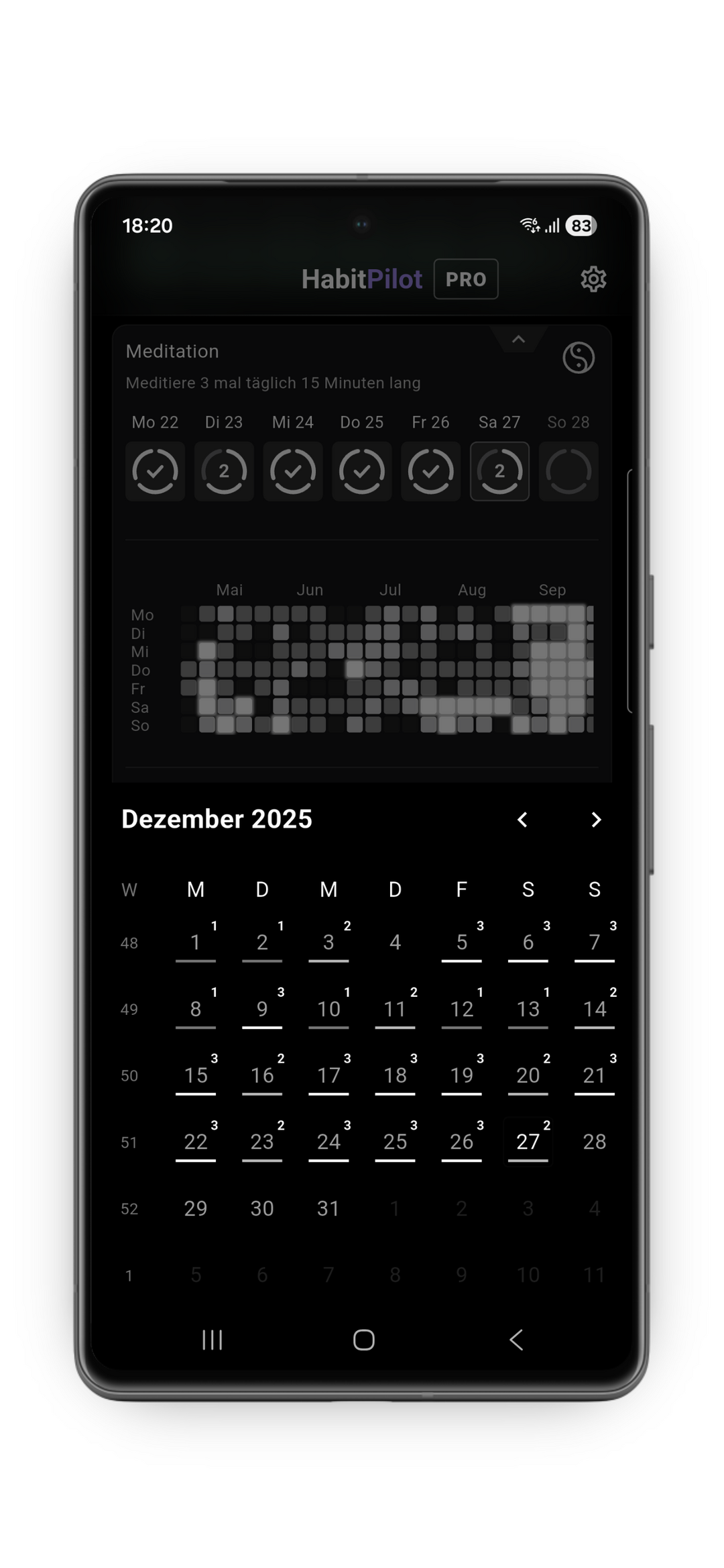 HabitPilot Kalender: Streaks retten & Gewohnheiten nachträglich protokollieren Die HabitPilot Sektion „Deine Streak zurückholen" zeigt die Kalenderansicht. Sie ermöglicht es Nutzern, vergessene Einträge nachzuholen oder fehlerhafte Klicks zu korrigieren, um eine präzise und ehrliche Erfolgshistorie der Gewohnheiten zu gewährleisten.