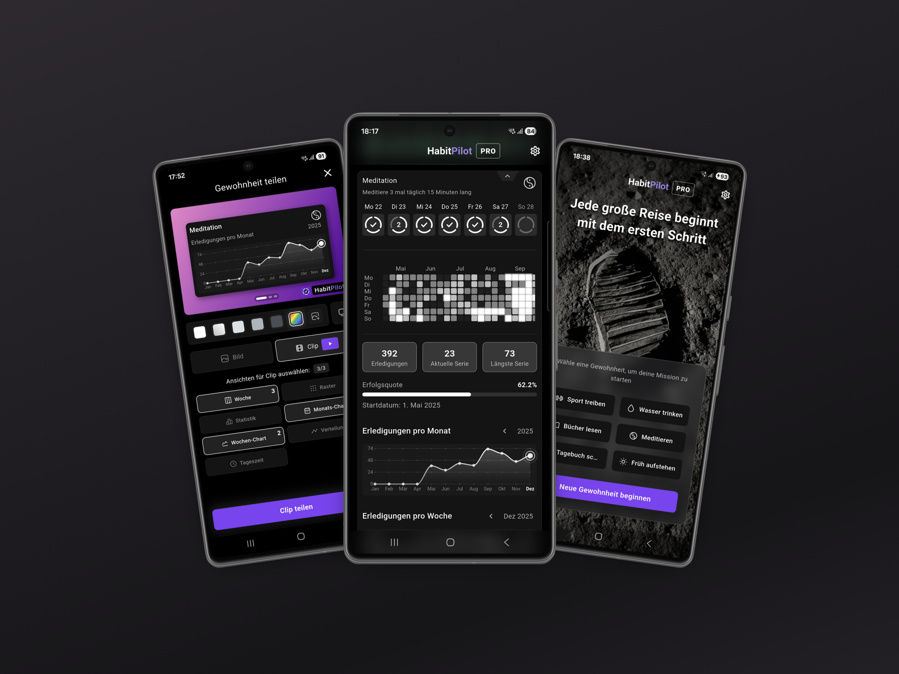 Drei Smartphone-Screens der HabitPilot-App: links das Sharing-Feature zur Erstellung von Video-Clips, in der Mitte Fortschrittsstatistiken mit Heatmap und Streaks, rechts die Onboarding-Ansicht im dunklen UI-Design.