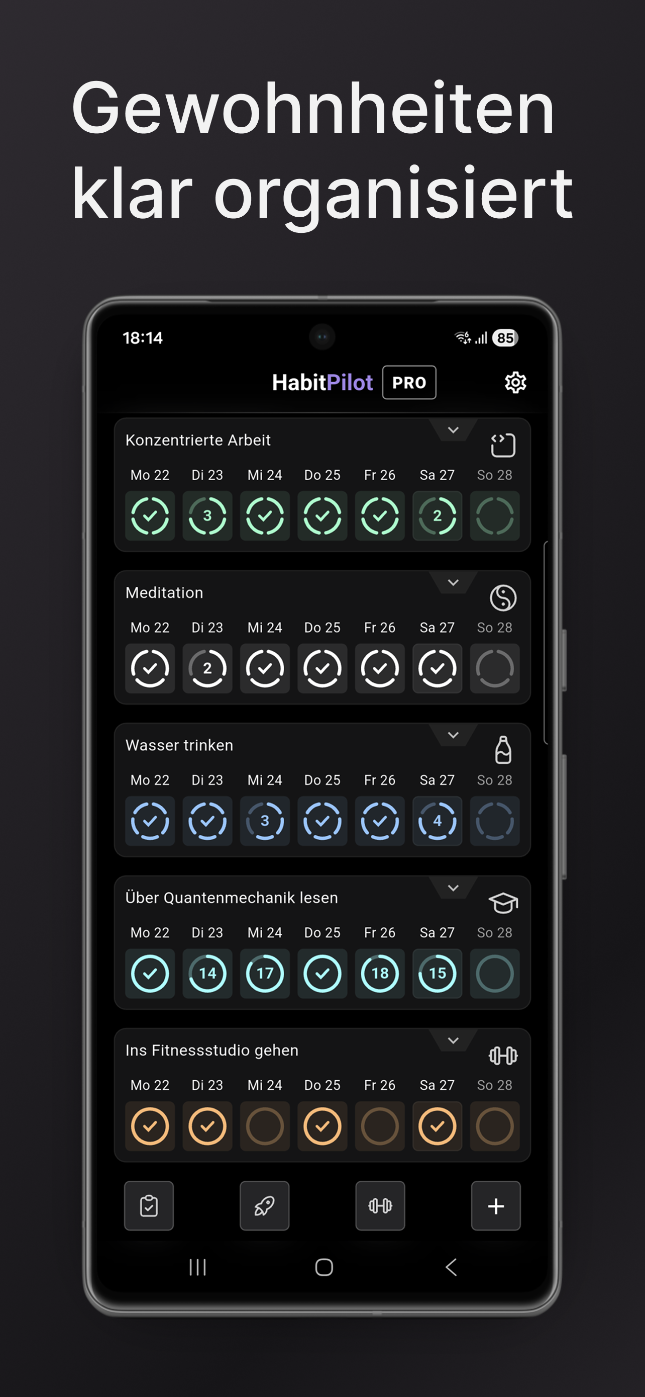 Screenshot der HabitPilot App-Oberfläche mit einer organisierten Liste verschiedener Gewohnheiten und täglichen Check-ins.