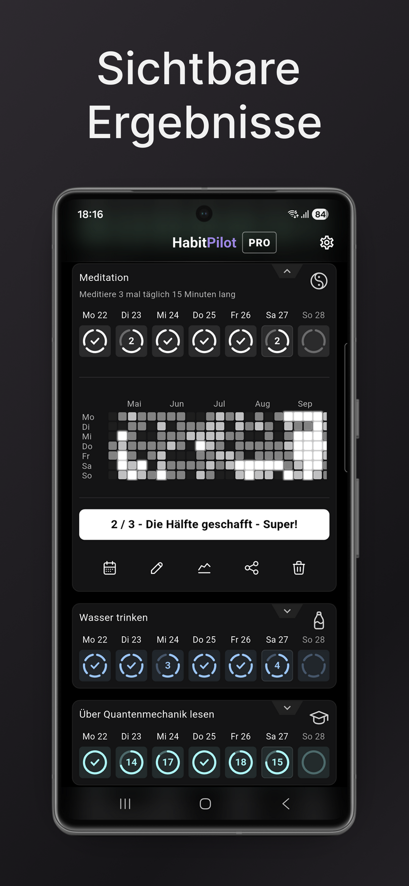 App-Ansicht "Progress you can see" mit einer detaillierten Aktivitäts-Heatmap und einer wöchentlichen Check-in-Leiste.