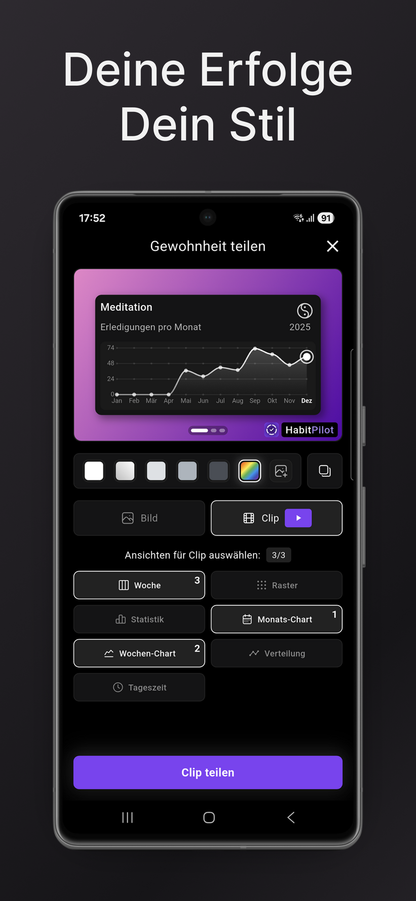 Darstellung der Export-Funktion "Deine Erfolge, Dein Stil" mit verschiedenen Design-Optionen für Social Media Clips.