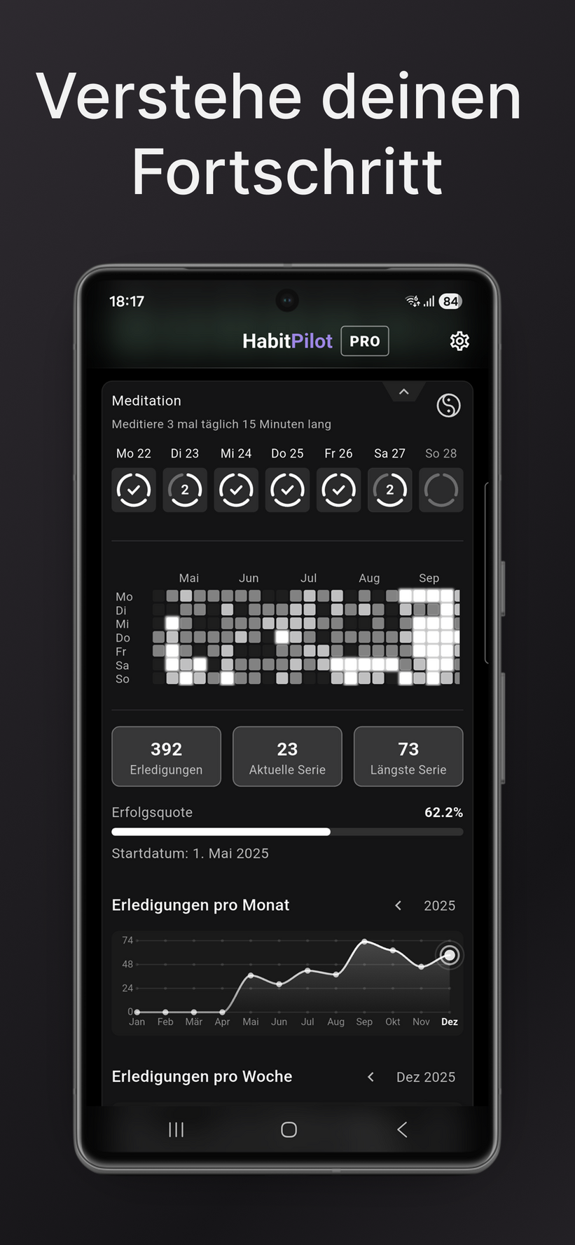 Analyse-Ansicht "Verstehe deinen Fortschritt" mit numerischen Statistiken zu Streaks und einer monatlichen Erfolgs-Grafik.