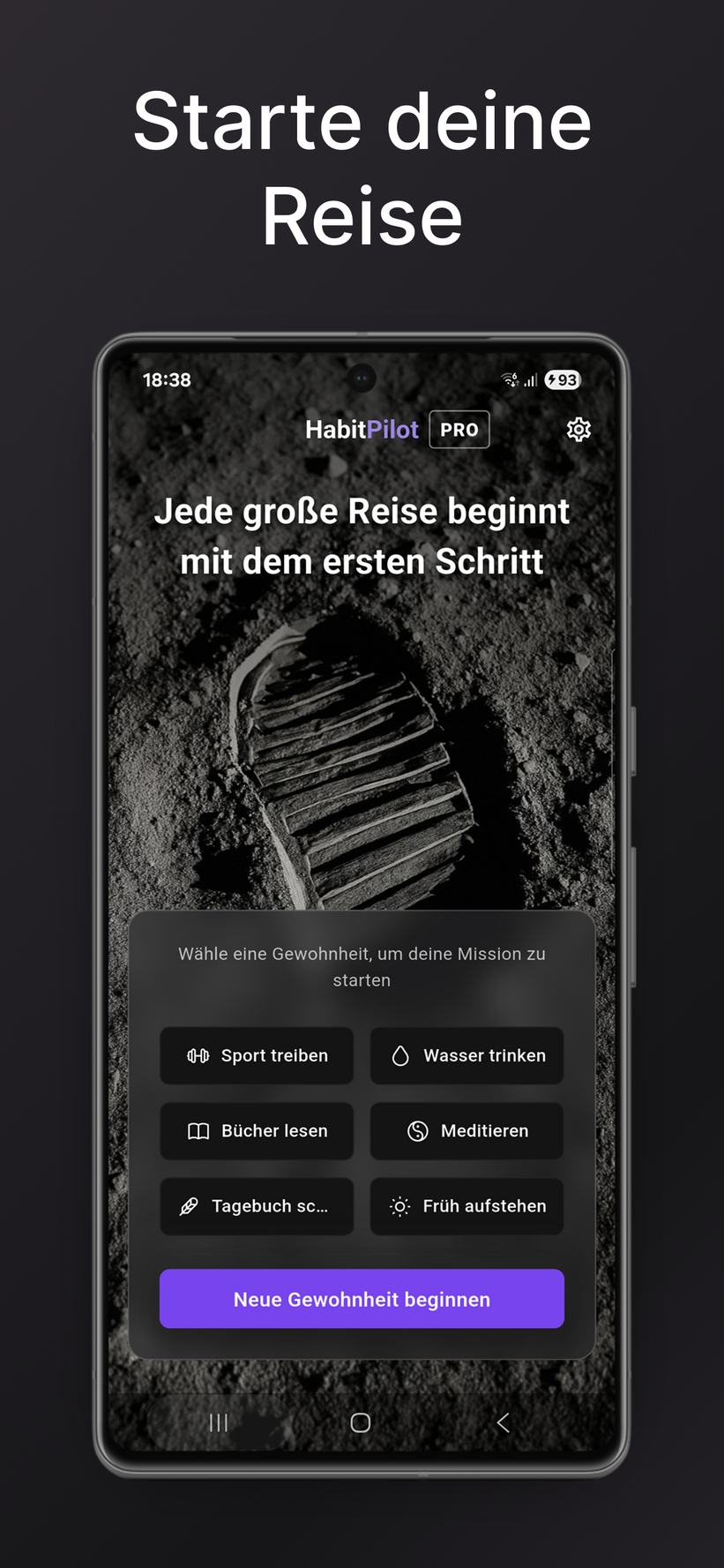 Der Willkommens-Screen "Starte deine Reise" mit einem atmosphärischen Weltraum-Motiv (Fußabdruck auf dem Mond).